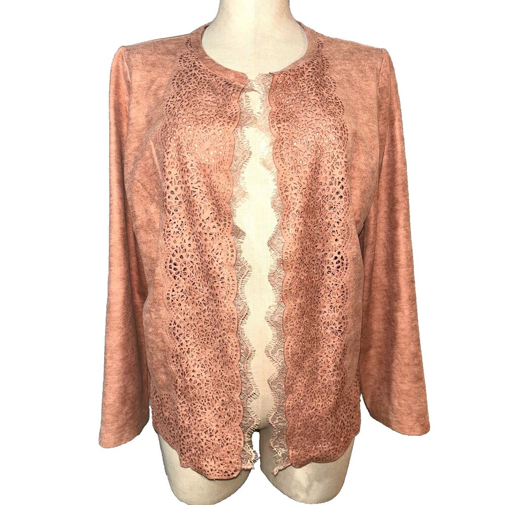 Chico's Women’s Lace Trim Perforated Faux Suede Jacket size 1/M Boho Romantic